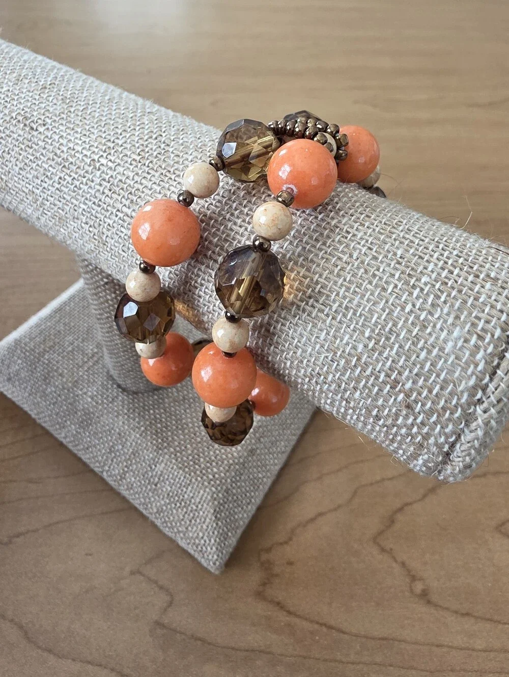 Boho Orange & Brown Beaded Multi-Row Stretch Bracelet Lightweight
